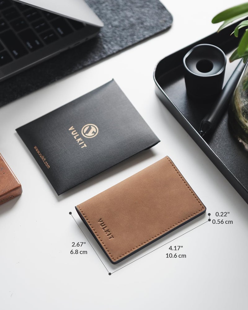 VULKIT حامل بطاقات العمل الجلدية مزدوج الجوانب نحيف منظم بطاقات الاسم للرجال أو النساء (يانغبا بني فاتح) - Image 2